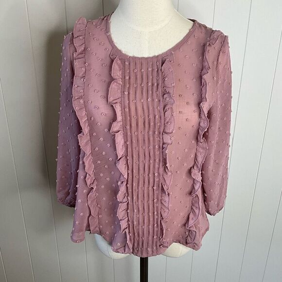 EM Womens Size Small Pullover Blouse Pink Dots Textured Ruffles Long Sleeves - Picture 1 of 14